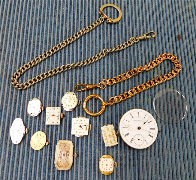 2 Pocket Watch Chains and 10 Watch Movements including Hamilton, Gruen, and Longines