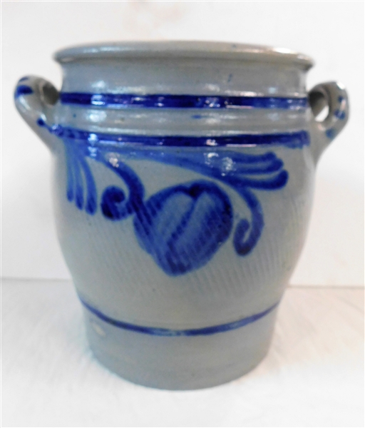 German 3 1/2 Liter Blue Decorated Crock with Double Lug Handles - 8 1/2" tall 7" across