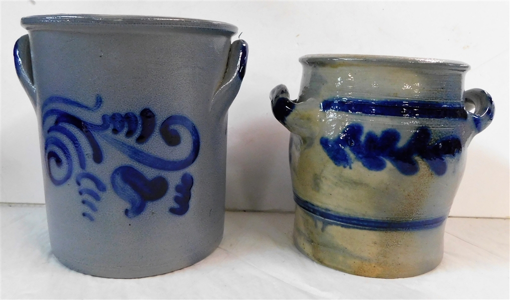 2 Smaller Blue Decorated German Crocks - 1 liter With Double Handles 5 3/4" tall  and 1 1/2 Liter 6 1/2" tall 