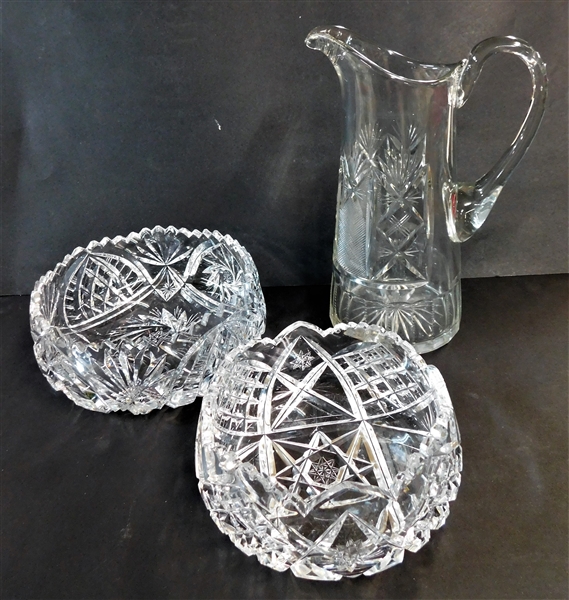 3 Pieces of Cut Glass including 9 1/2" Pitcher, 7" bowl and 5 1/2" bowl