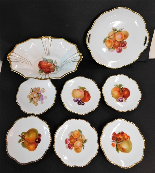 Krautheim Bavaria Console Bowl and 7 Piece Czechoslovakia Cake Set - All with Fruit Decoration - Bowl Measures 4 1/2" tall 12" by 8 1/2"