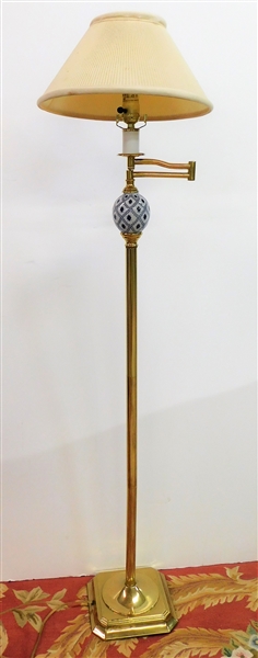 Brass Floor Lamp with Blue and White Ceramic Ball  and Adjustable Arm - 54" tall 