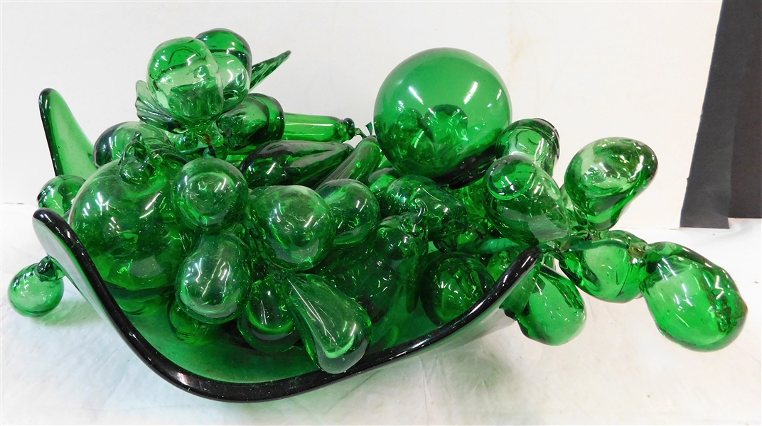 Green Glass Fruit in Green Glass Bowl - Bowl is Damaged - Bowl Measures 13" by 10"