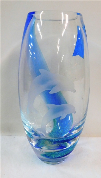 Lenox Crystal Vase with Etched Dolphins - 8" tall 