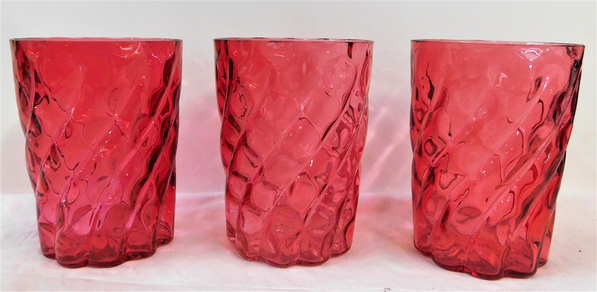 4 Cranberry Glass Swirl Tumblers - 4" tall 