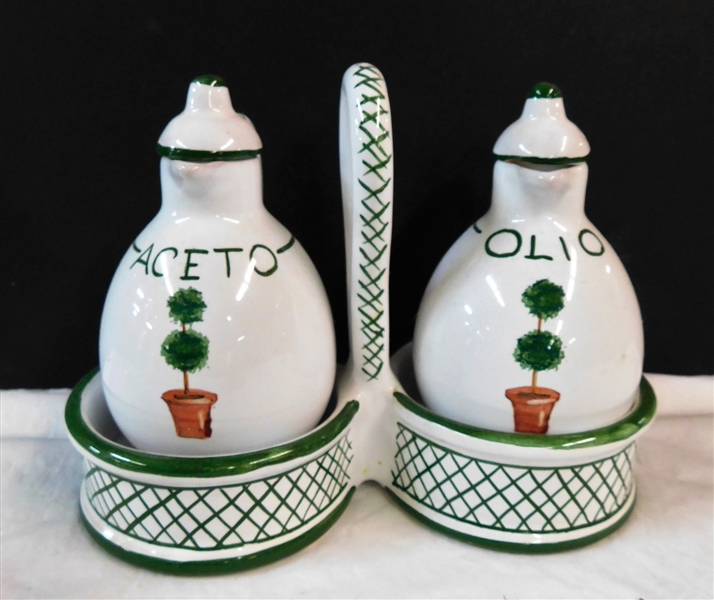 Hand painted Deruta Italy Oil and Vinegar Set in Holder - 6" tall