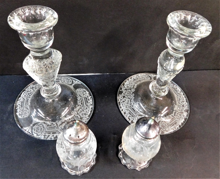 Elegant Etched Glass Candle Sticks and Sterling Topped Salt and Pepper Shakers -Candle Sticks Measure  6 1/4" 