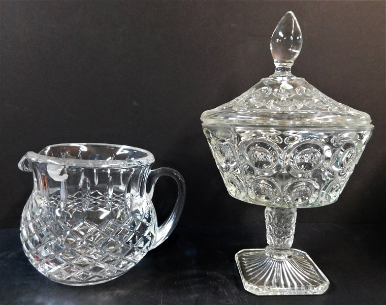 Press Glass Compote with Lid and Crystal Pitcher - Compote is 10" tall 