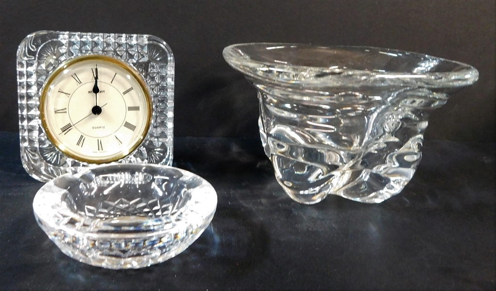 Signed Waterford Crystal Ash Tray, Art Glass Bowl, and West Germany Crystal Desk Clock 