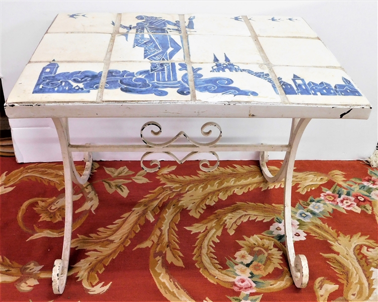 Heavy Blue and White Tile Top Table with Grecian Scene - 1 Tile Has Damage - 20" tall 25" by 19"