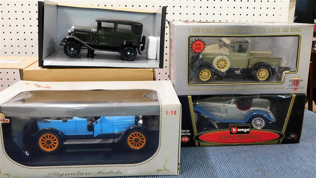 New in Original Boxes 1/18 Scale Model Cars - Alfa Romeo -1932, 1931 Model A Pick Up, 1917 REO Touring, and 1931 Model A