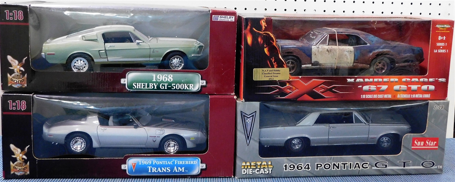 New in Original Boxes 1/18 Scale Model Cars - 67 GTO, 1964 Pontiac GTO, 1968 Shelby Gt-500 KR, and 1969 Trans Am