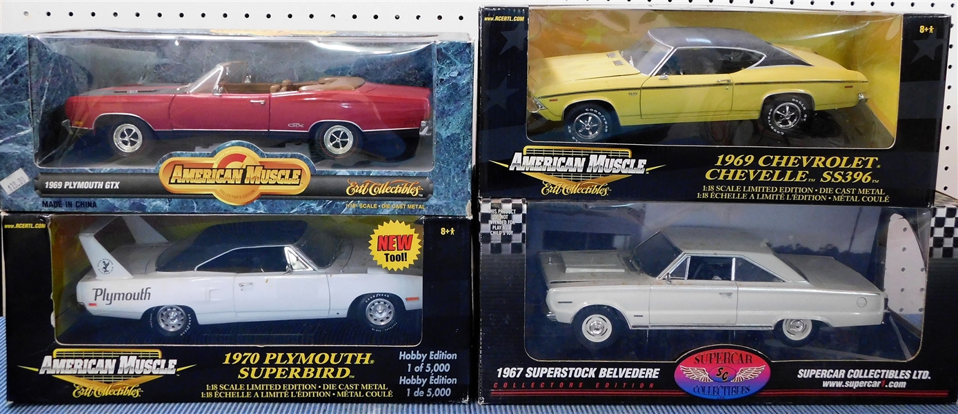 New in Original Boxes 1/18 Scale Model Cars - 1969 Chevelle SS396, 1967 Superstock Belvedere, 1970 Plymouth Superbird, and 1969 Plymouth GTX