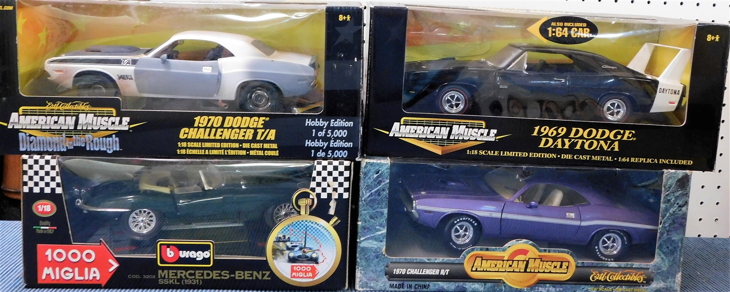 New in Original Boxes 1/18 Scale Model Cars - 1970 Challenger, 1931 Mercedes - Benz SSKL, 1969 Dodge Daytona, and 1970 Challenger