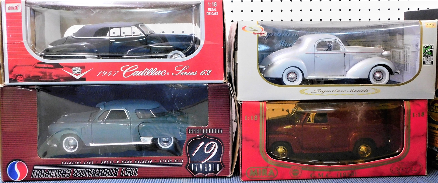 New in Original Boxes 1/18 Scale Model Cars -1947 Cadillac, 1951 Studebaker, 1950 GMC, and Other