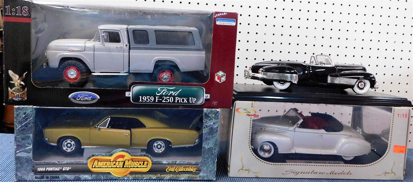 New in Original Boxes 1/18 Scale Model Cars - 1959 F-250, 1966 Pontiac GTO, 1939 Lincoln Zephyr, and 1938 Buick