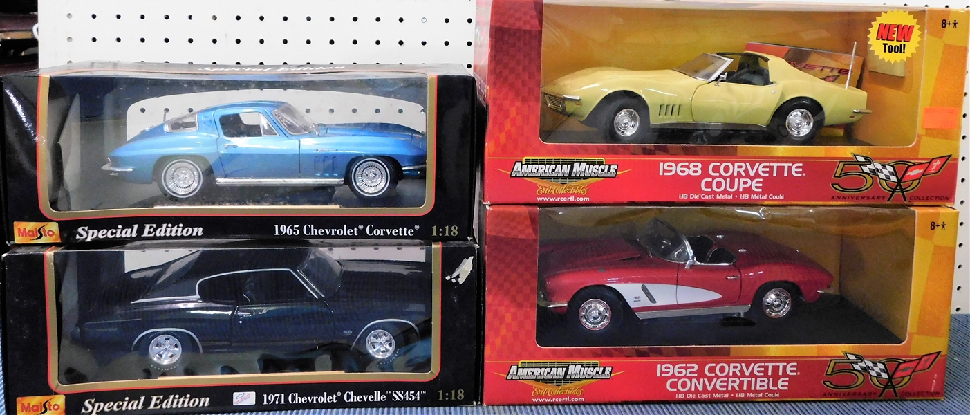 New in Original Boxes 1/18 Scale Model Cars -1965 Chevrolet Corvette, 1971 Chevelle, 1968 Corvette, and 1962 Corvette 