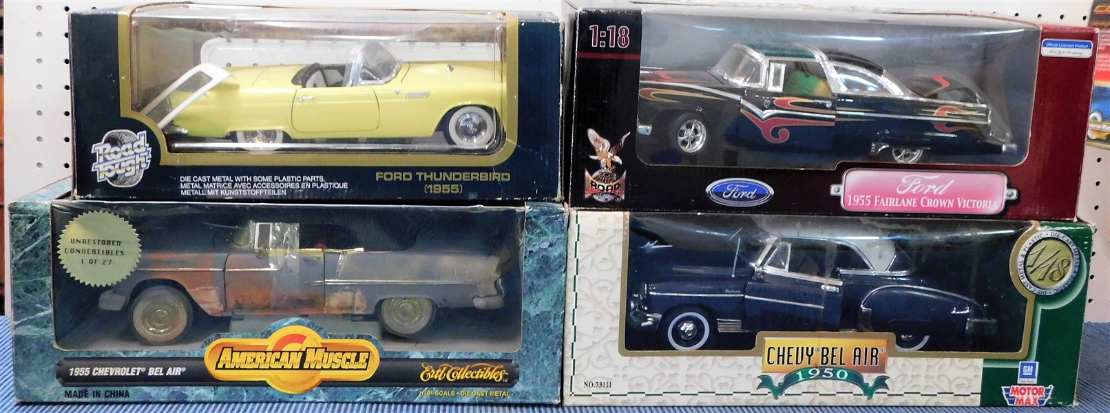 New in Original Boxes 1/18 Scale Model Cars - 1955 Ford Thunderbird, 1955 Chevrolet Bel Air, 1955 Fairlane Crown Victoria, and 1950 Bel Air