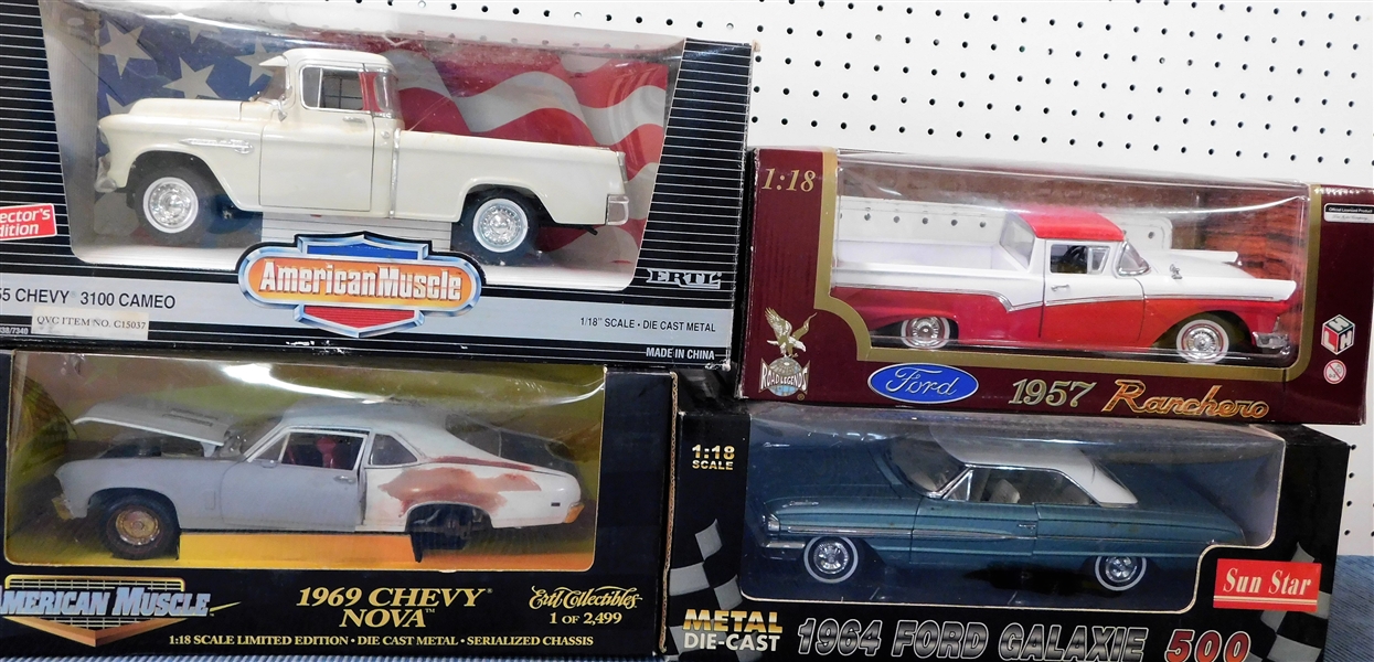 New in Original Boxes 1/18 Scale Model Cars -1955 Chevy 3100 Cameo, 1969 Chevy Nova, 1957 Ford Ranchero, 1964 Ford Galaxie