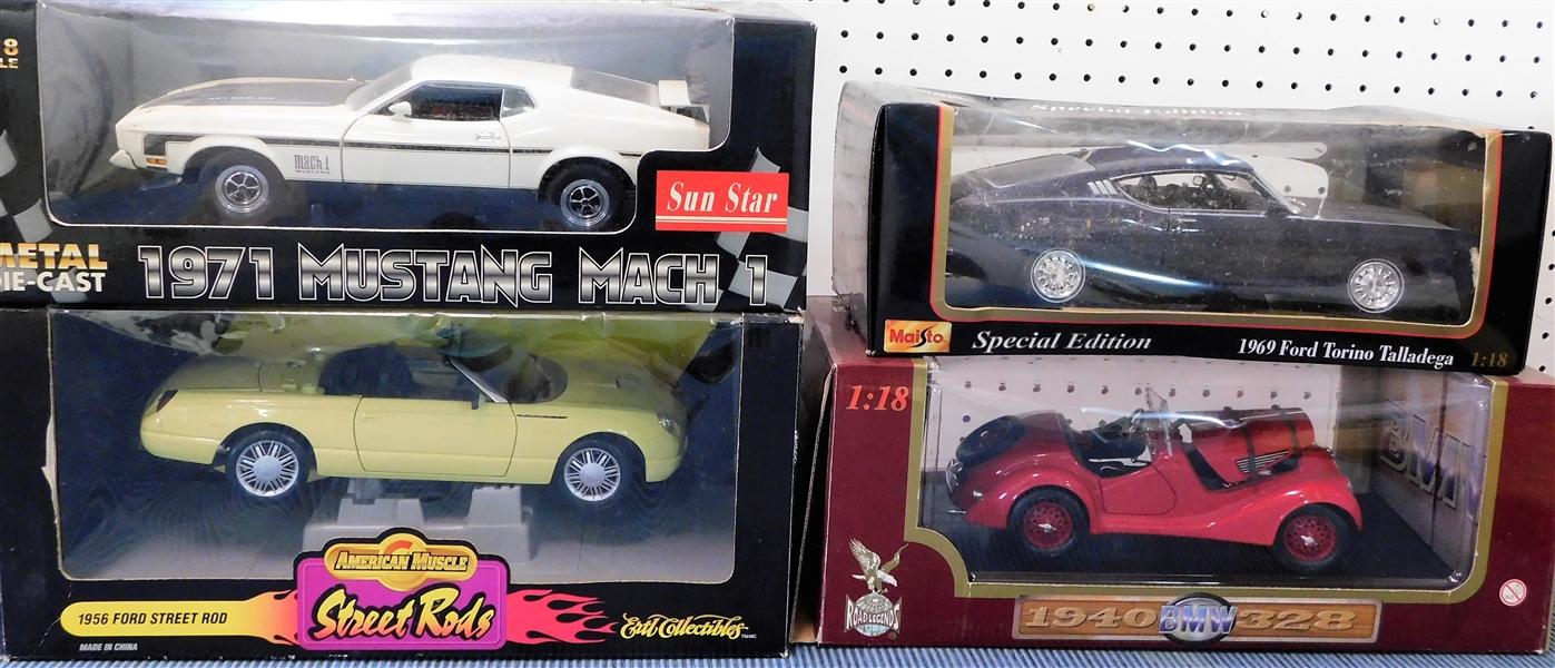 New in Original Boxes 1/18 Scale Model Cars -1971 Mustang Mach 1, 1956 Ford Street Rod, 1969 Ford Torino Talladega, and 1940 BMW 328