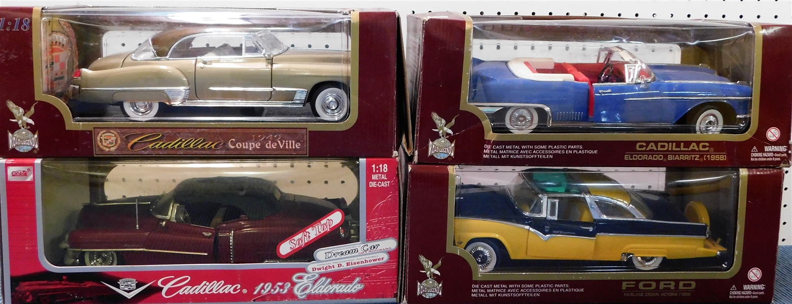 New in Original Boxes 1/18 Scale Model Cars - 1949 Cadillac Coupe De Ville, 1953 Eldorado, 1958 Eldorado, and 1955 Ford Fairlane