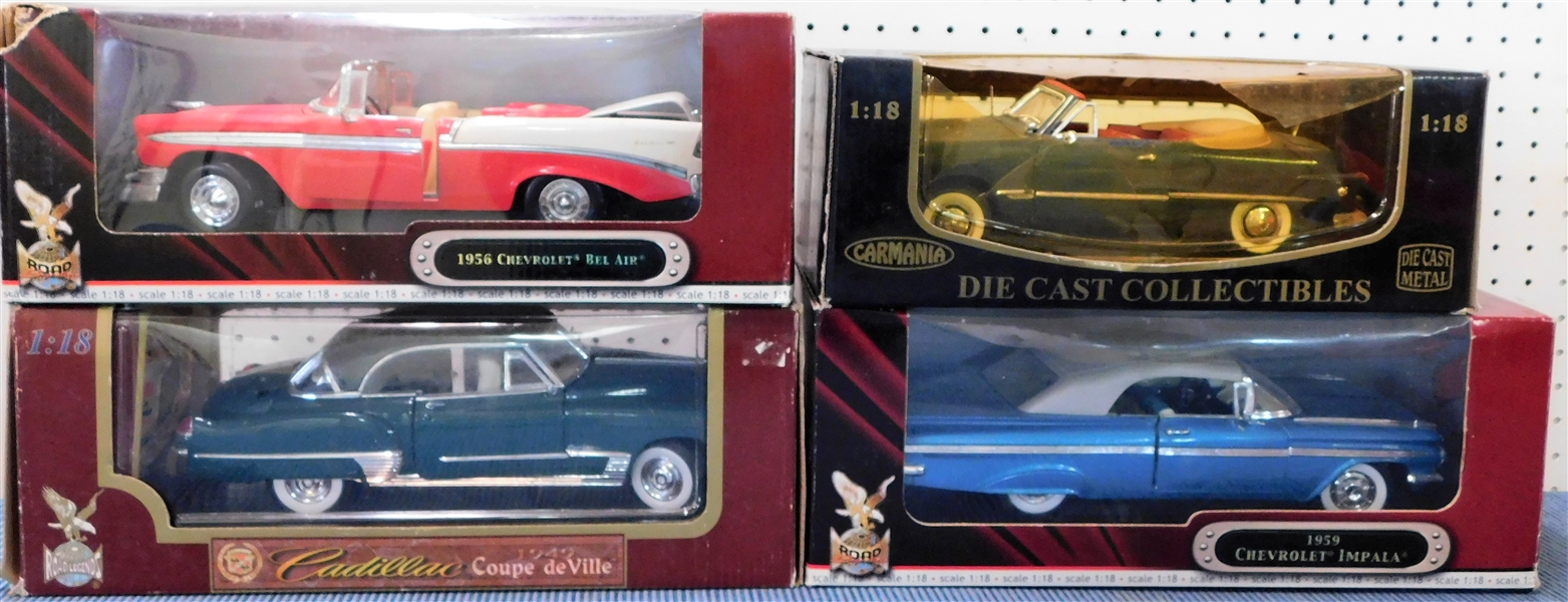 New in Original Boxes 1/18 Scale Model Cars - 1956 Chevy Bel Air, 1949 Coupe De Ville, 1949 Ford, and 1959 Chevy Impala