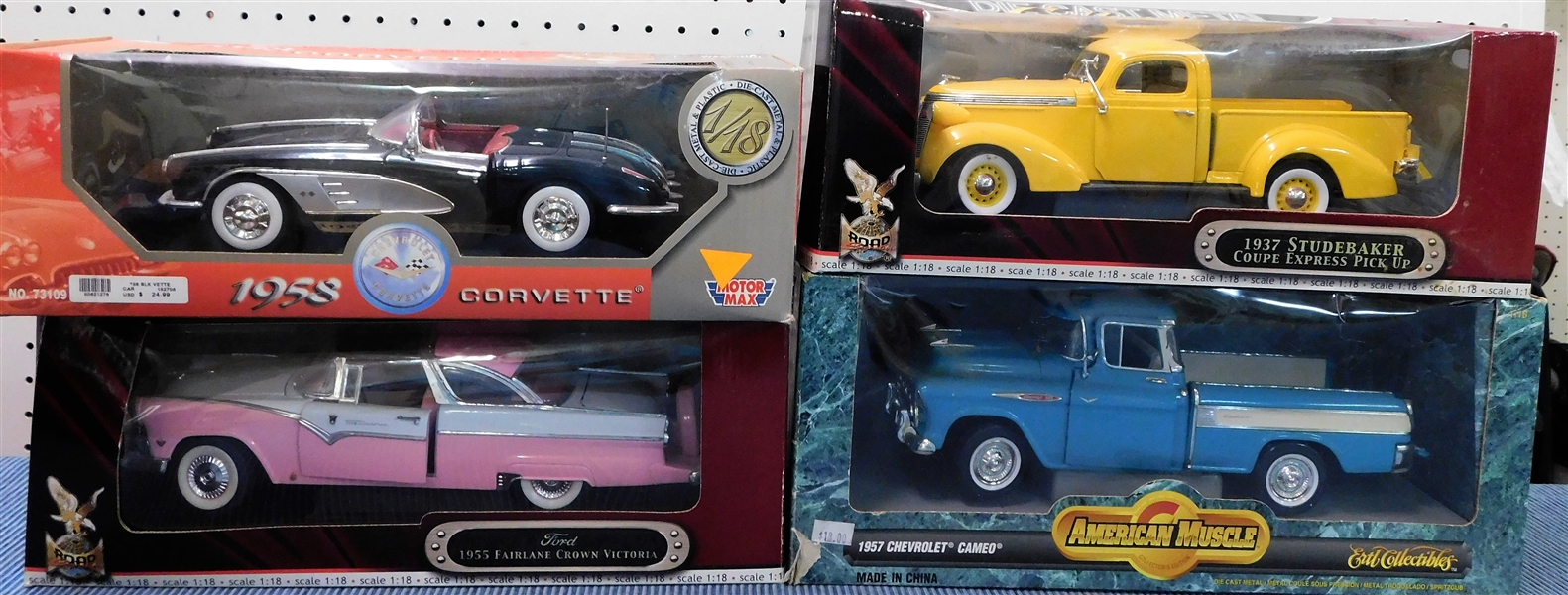 New in Original Boxes 1/18 Scale Model Cars - 1937 Studebaker, 1957 Chevrolet Cameo, 1958 Corvette, and 1955 Fairlane Crown Victoria