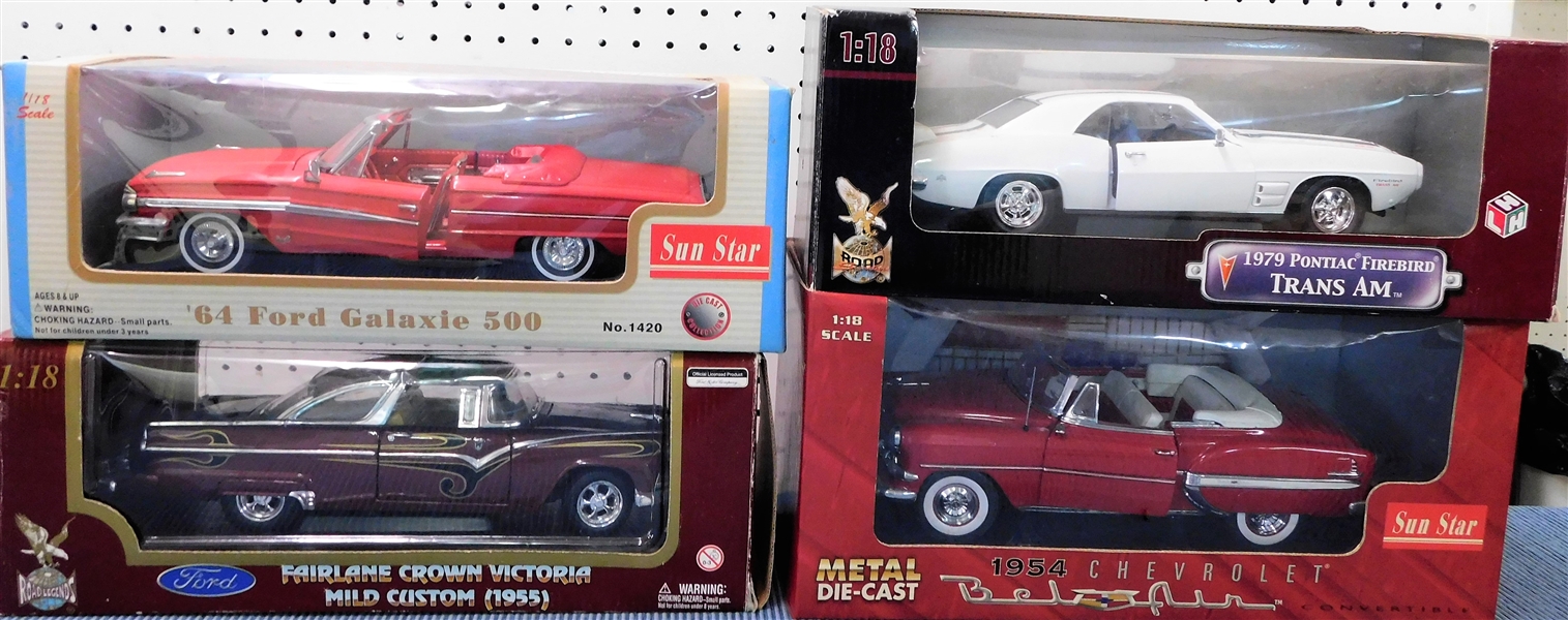 New in Original Boxes 1/18 Scale Model Cars -1964 Ford Galaxie 500, 1955 Fairlane Crown Victoria, 1979 Trans Am, 1954 Chevrolet Bel Air