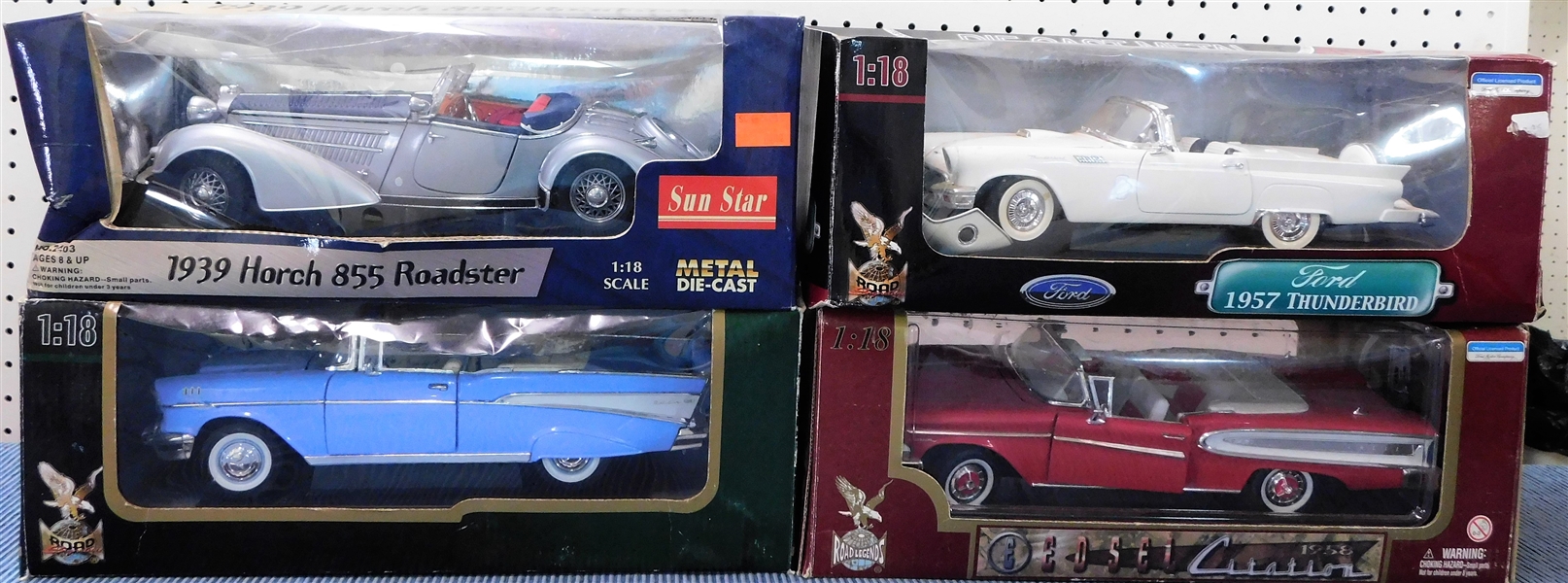 New in Original Boxes 1/18 Scale Model Cars - 1939 Horch 855 Roadster, Bel Air, 1957 Thunderbird, 1958 Edsel Citation 