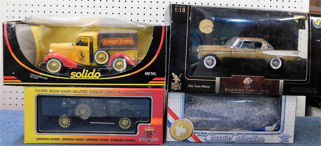 New in Original Boxes 1/18 Scale Model Cars - 1958 Studebaker Golden Hawk, Dunlop Tires, and 2 Others