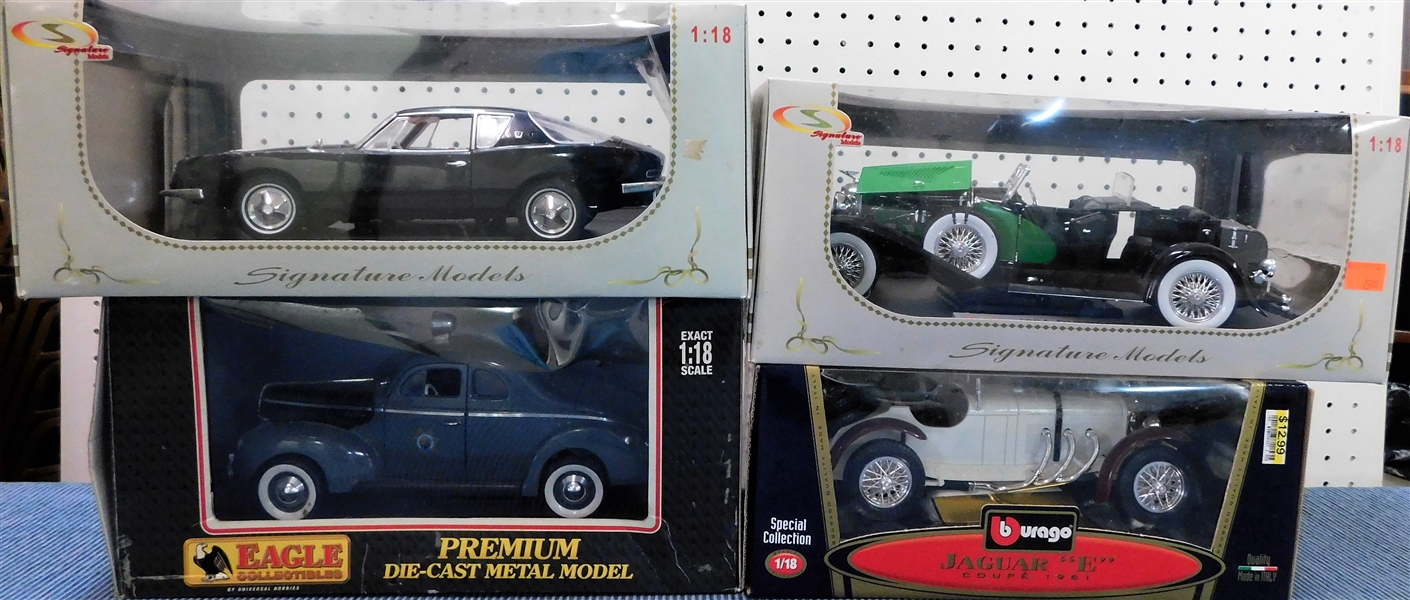 New in Original Boxes 1/18 Scale Model Cars - 1934 Duesenberg, Jaguar "E" 1961, 1963 Studebaker, and North Carolina Highway Patrol Ford