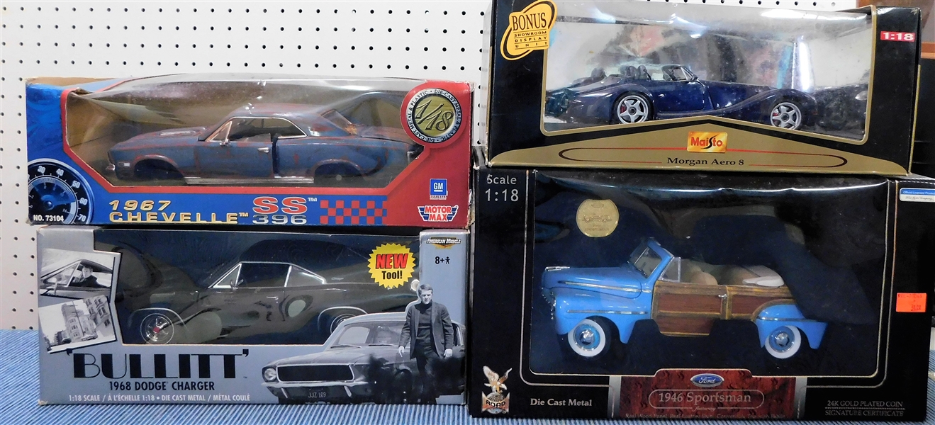 New in Original Boxes 1/18 Scale Model Cars - Morgan Aero 8, 1946 Sportsman, 1967 Chevelle, 1968 Dodge Charger