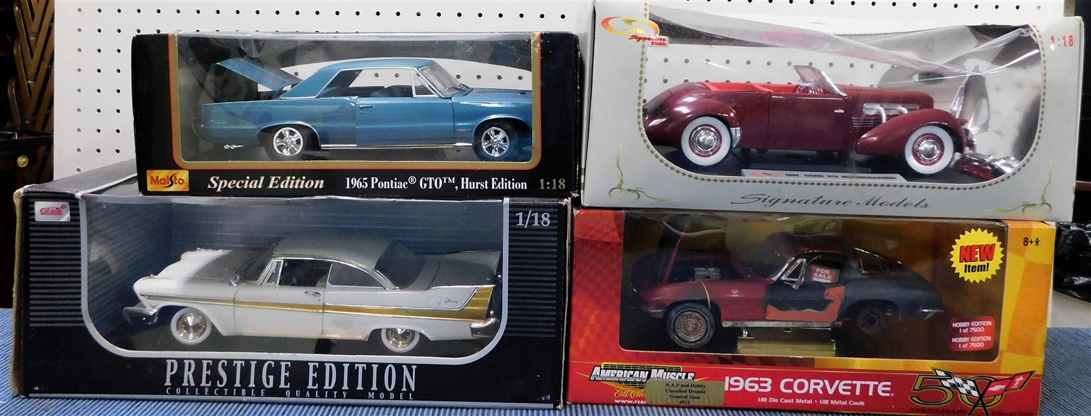 New in Original Boxes 1/18 Scale Model Cars - 1963 Corvette, 1937 Cord 812, 1965 Pontiac GTO, and Other 