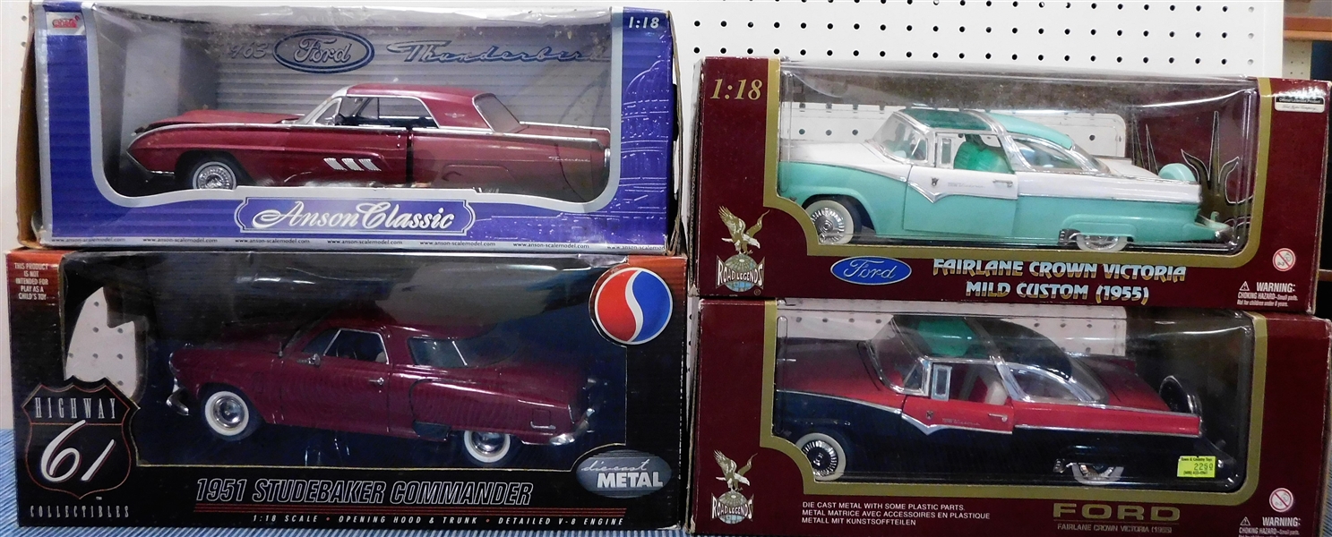 New in Original Boxes 1/18 Scale Model Cars - 1955 Fairlane, Thunderbird, 1951 Studebaker, and Other