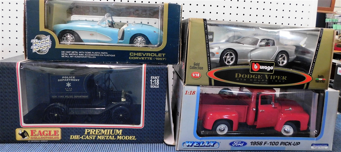 New in Original Boxes 1/18 Scale Model Cars - 1997 Dodge Viper, 1956 F-100 Pick Up, 1957 Corvette, and Police Car