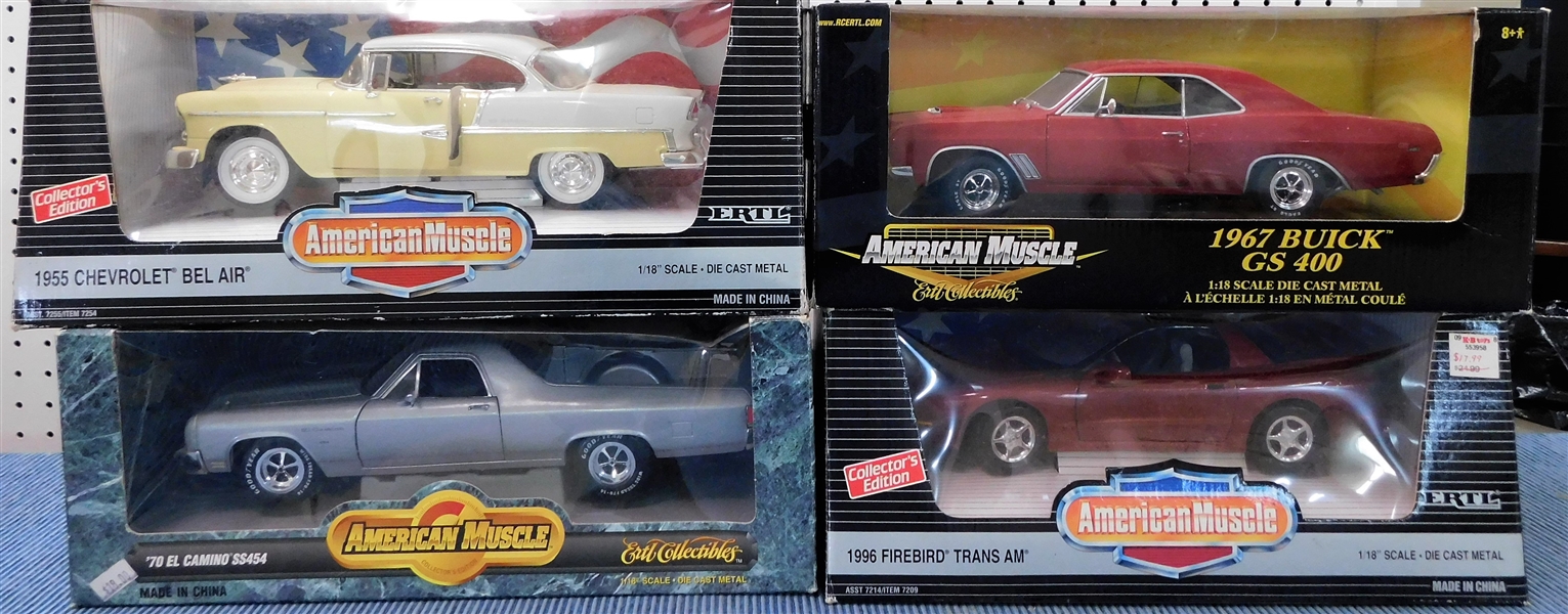 New in Original Boxes 1/18 Scale Model Cars -1967 Buick GS 400, 1996 Firebird Trans Am, 70 El Camino, and 1955 Bel Air