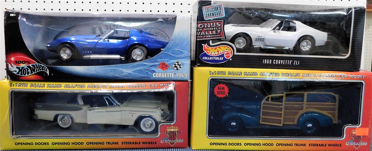 New in Original Boxes 1/18 Scale Model Cars  1969 Corvette, 1969 Corvette, Studebaker, and Other with Real Wood