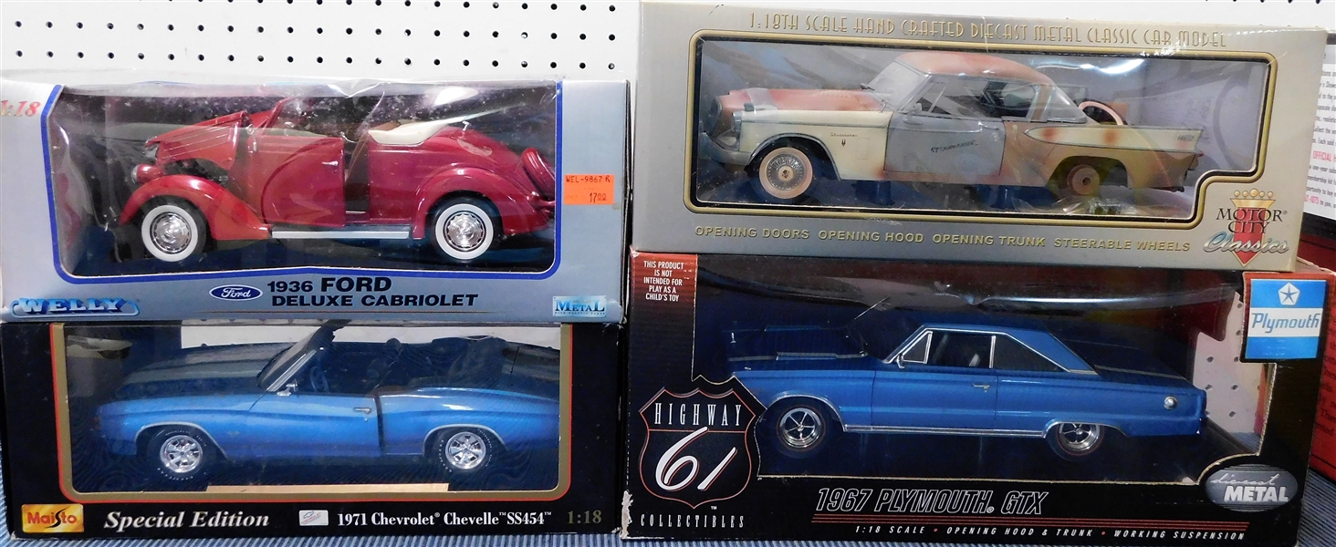 New in Original Boxes 1/18 Scale Model Cars - 1936 Ford Cabriolet, 1957 Studebaker, 1971 Chevelle, and 1967 Plymouth GTX