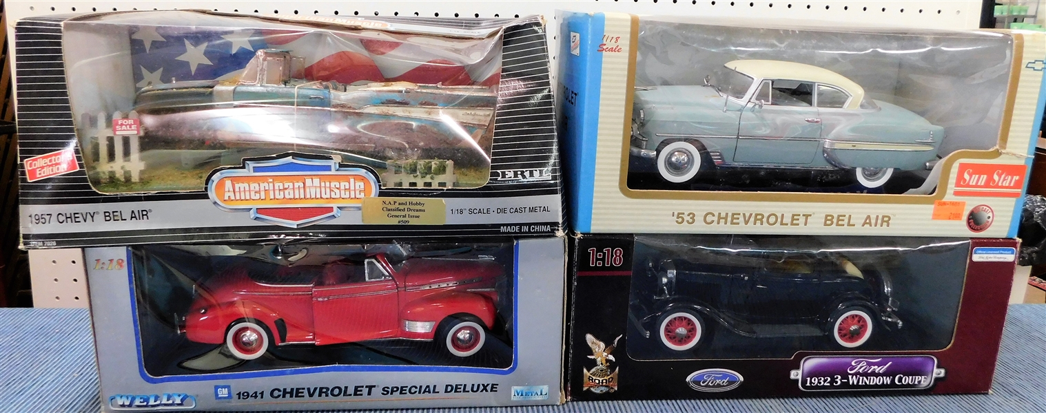 New in Original Boxes 1/18 Scale Model Cars - 1953 Bel Air, 1957 Bel Air, 1941 Chevy Special Deluxe, and 1932 3 -Window Coupe