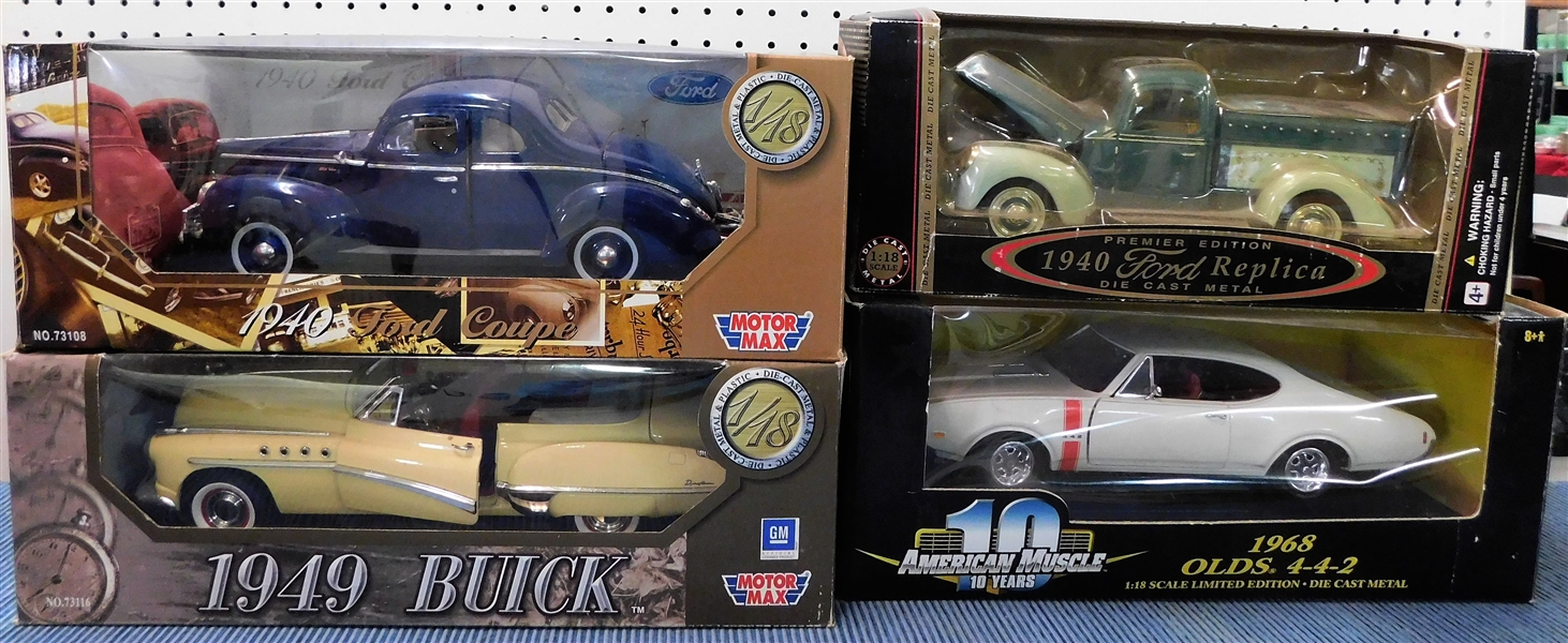 New in Original Boxes 1/18 Scale Model Cars - 1940 Ford, 1968 Olds 4-4-2, 1940 Ford Coupe, and 1949 Buick 