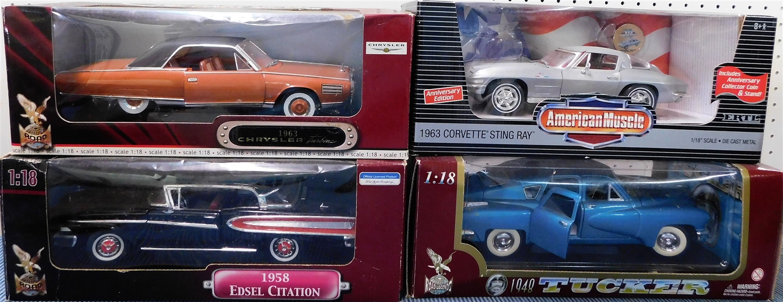 New in Original Boxes 1/18 Scale Model Cars - 1963 Corvette, 1948 Tucker, 1958 Edsel Citation , and 1963 Chrysler