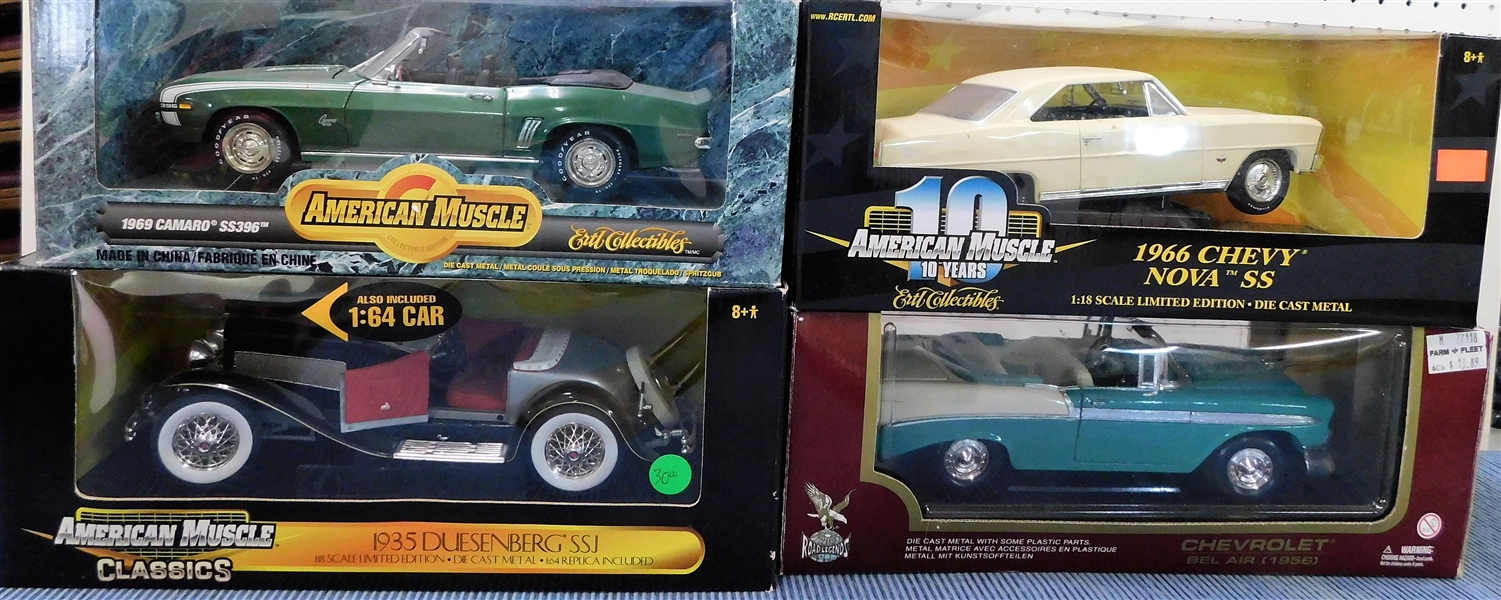 New in Original Boxes 1/18 Scale Model Cars - 1966 Chevy Nova, 1956 Chevy Bel Air, 1969 Camaro, and 1935 Duesenberg SSJ