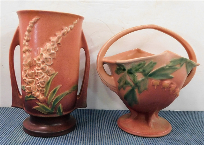 2 Pieces of Roseville Pottery - Basket 359 - 8" and Vase -  48 - 8"  - Vase Has Some Nicks around Rim 