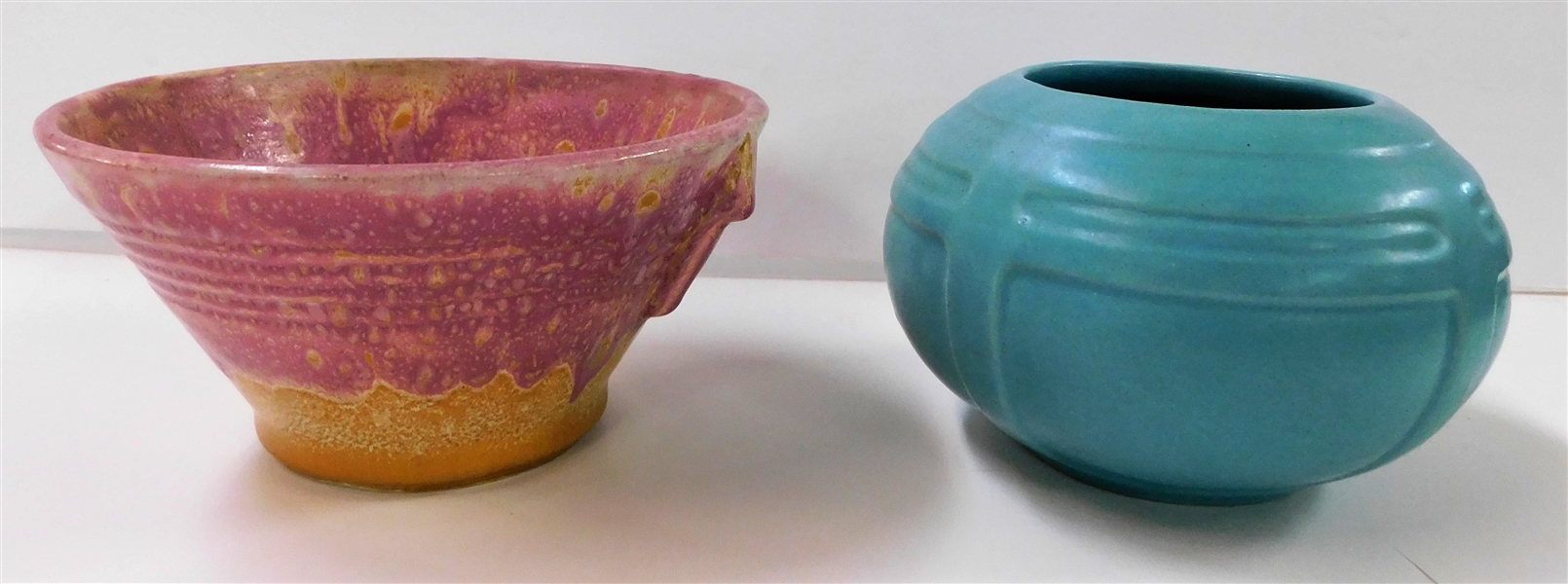 2 Pieces of Art Pottery - Teal Rose Bowl 3 1/2" tall and Pink Bowl 3 1/4" tall by 6" Across