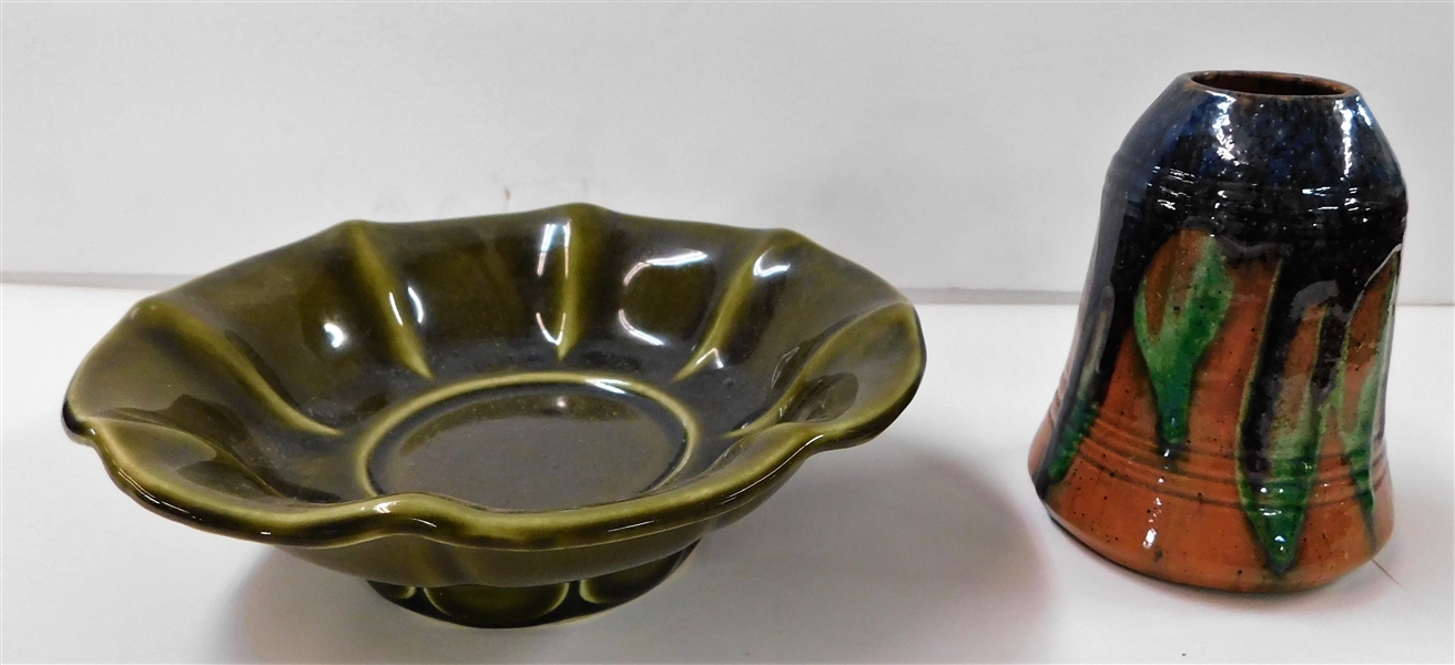 Unsigned Art Pottery 4 1/2" Vase - Chips Around Rim and McCoy Olive Green Bowl 7 1/2" Across