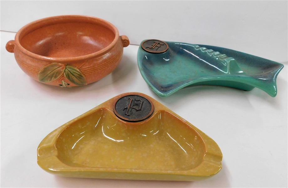 The Hyde Park 1940 and 1978 Ash Trays and Weller Pottery Bowl with Hairline Crack inside - 7 1/4" across