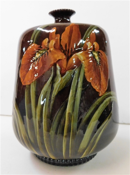 Art Pottery Vase with Iris Flower - No. 25 on Bottom - 6 1/2" tall 