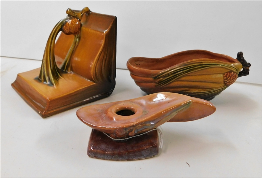 3 Pieces of Roseville including Bookend - with Chip, Gravy 455 - 6", and Candle Holder 252