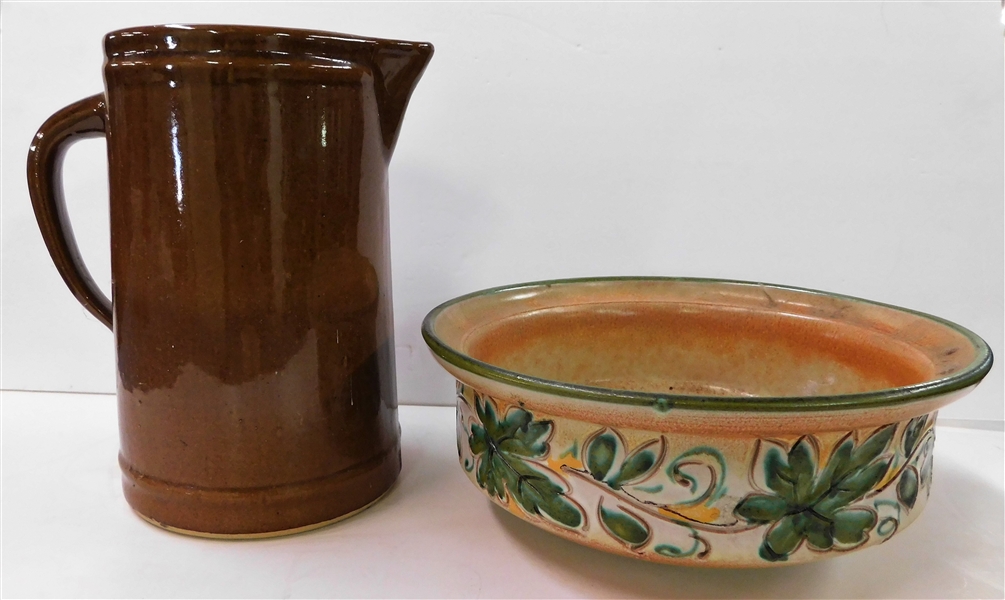 Italy Floral Decorated Bowl and Brown Pitcher - Bowl is 10" Across Pitcher 9" Tall 