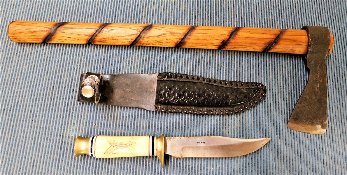 Modern Hatchett and Pakastain Knife with Leather Sheath - Hatchett is 17" Long